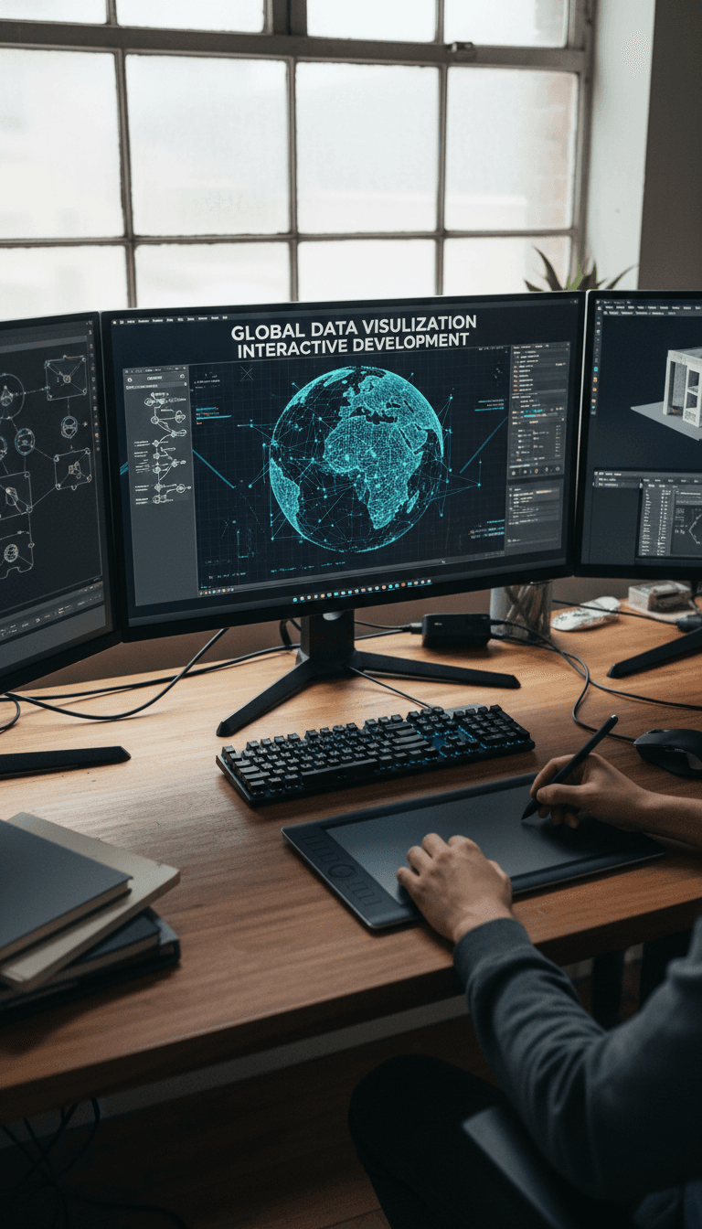 Designer workspace with 3D globe visualization on multiple displays