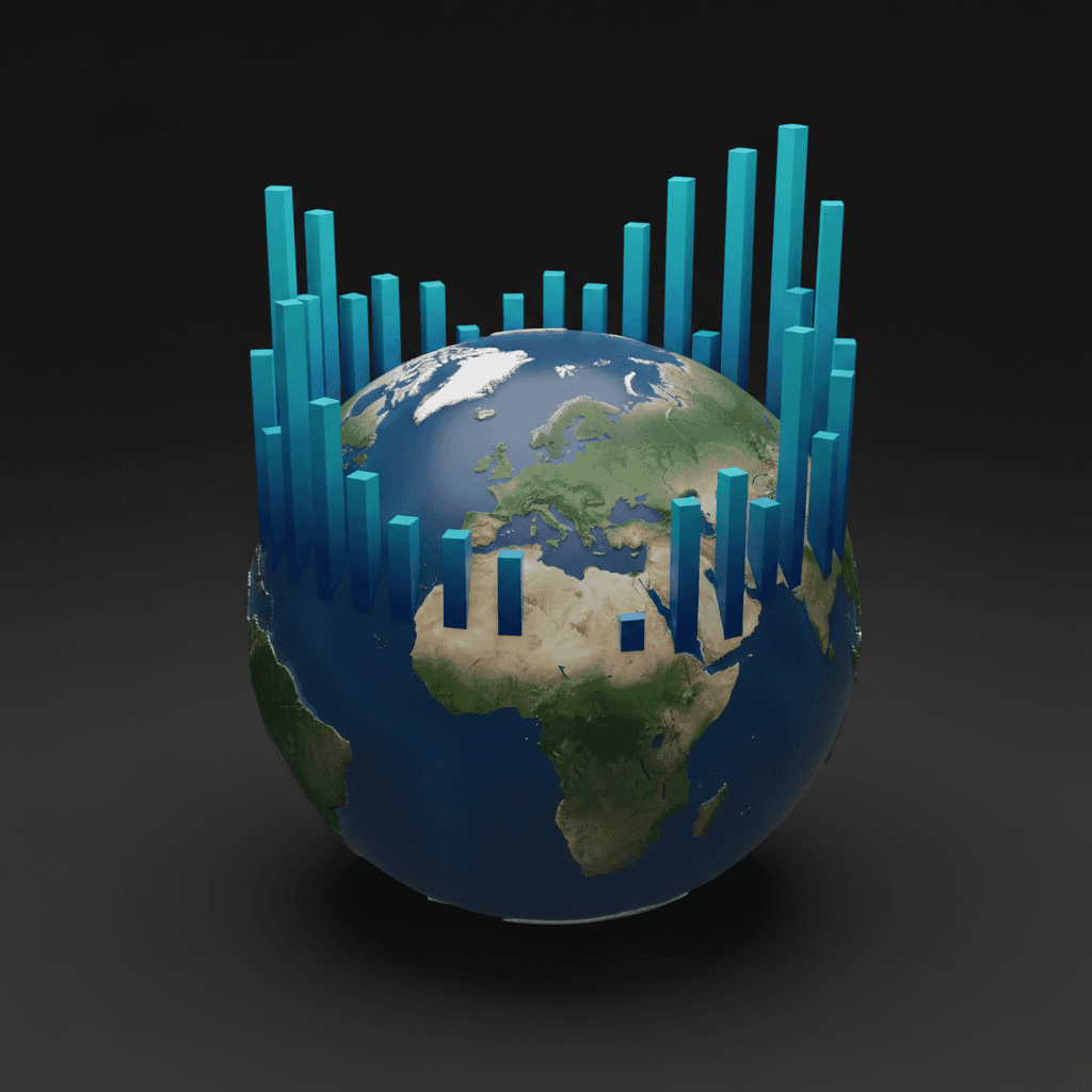 3D globe with relative height columns representing ccTLD registration volumes