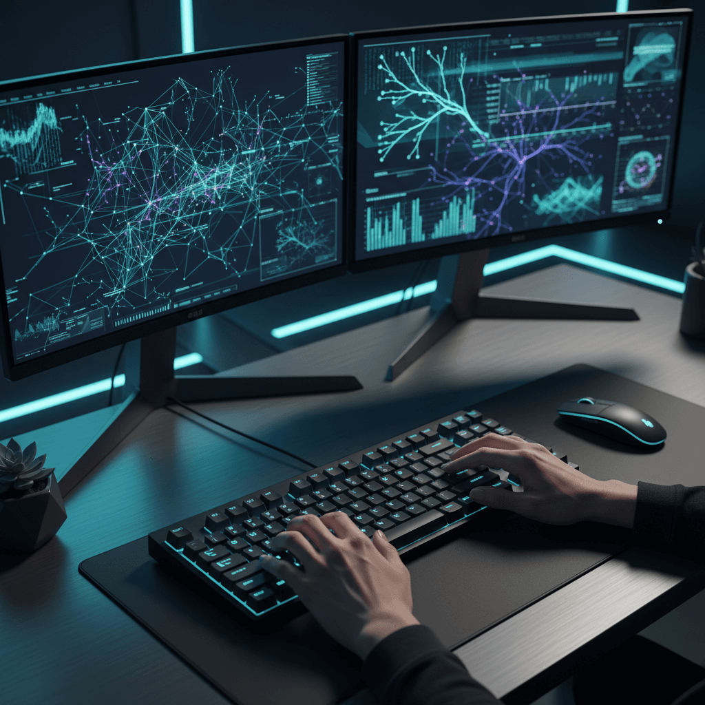 Developer working with interactive 3D globe interface at desk